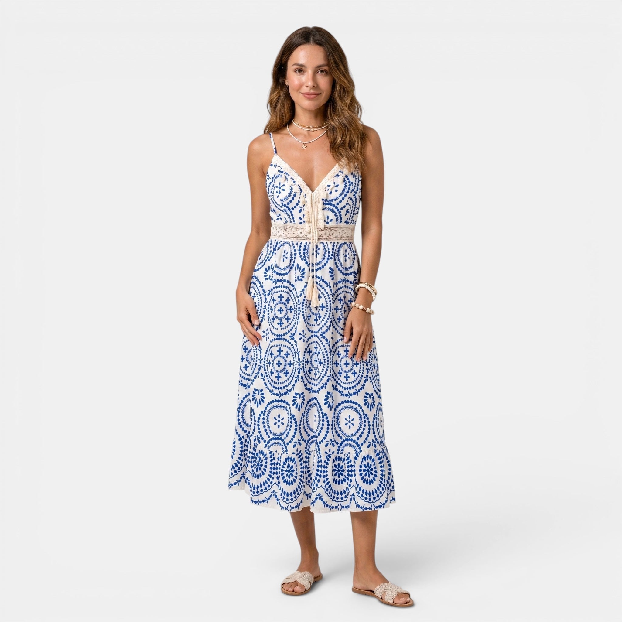 Embroidered Midi Dress with V-Neck and Tie Waist