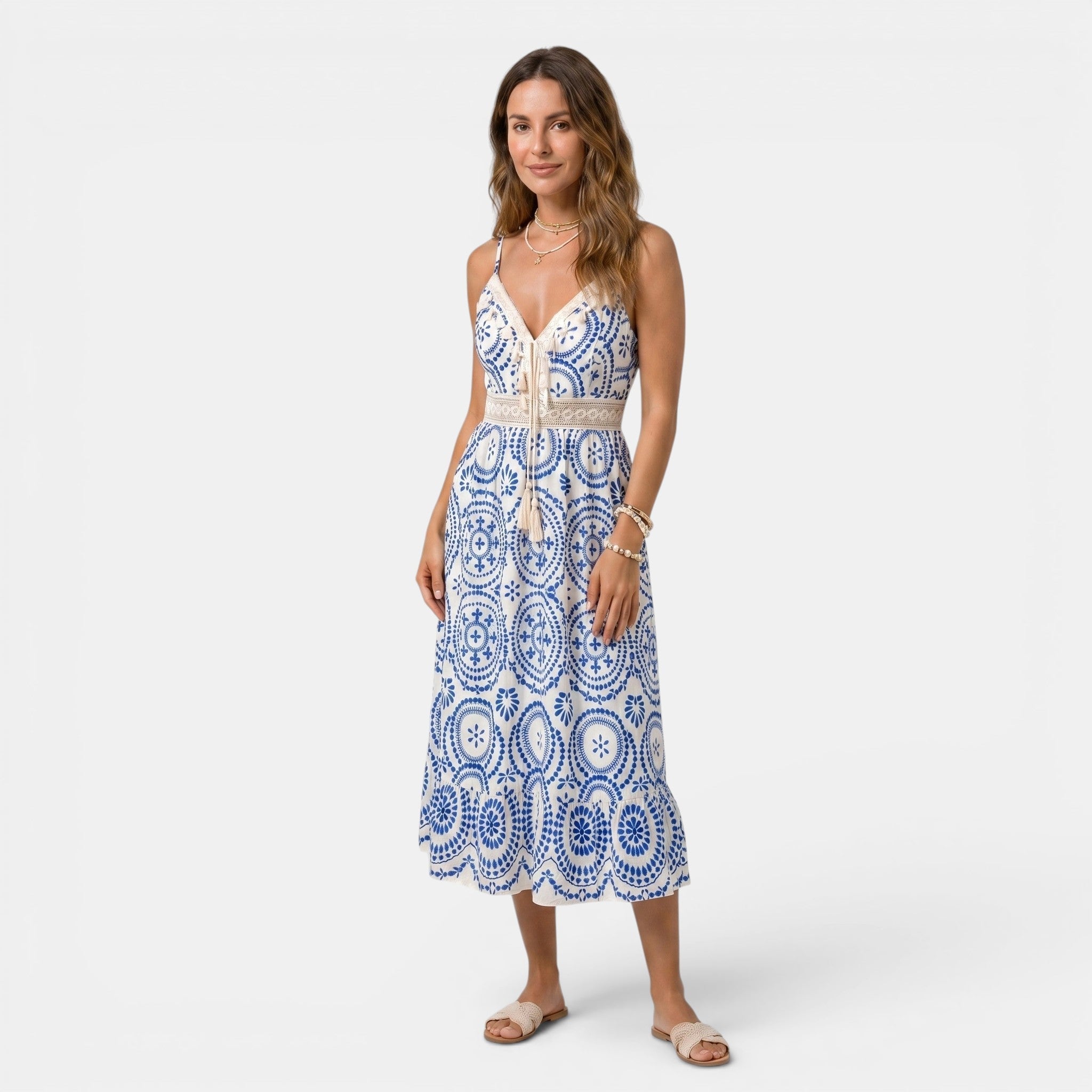Embroidered Midi Dress with V-Neck and Tie Waist