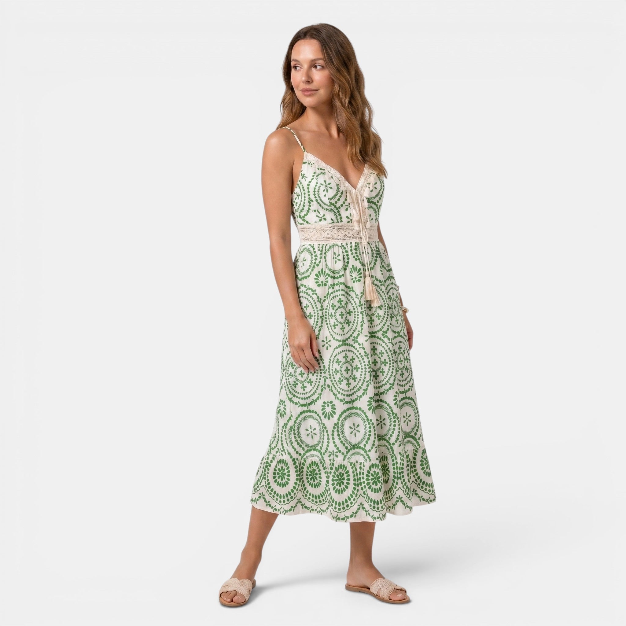 Embroidered Midi Dress with V-Neck and Tie Waist