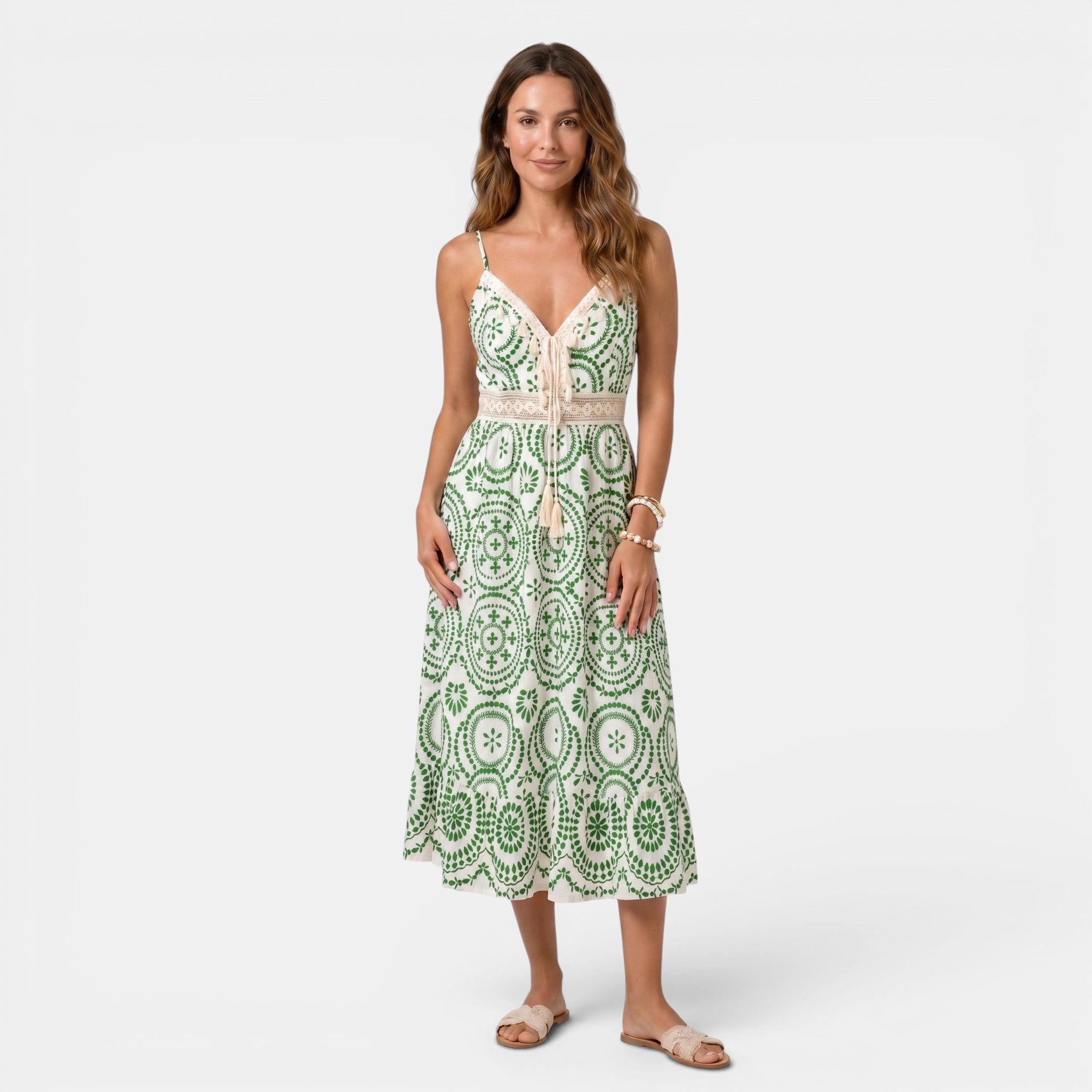 Embroidered Midi Dress with V-Neck and Tie Waist