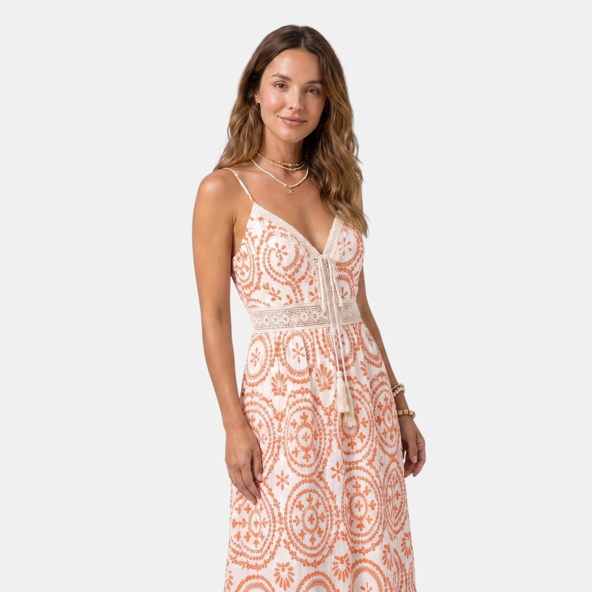 Embroidered Midi Dress with V-Neck and Tie Waist