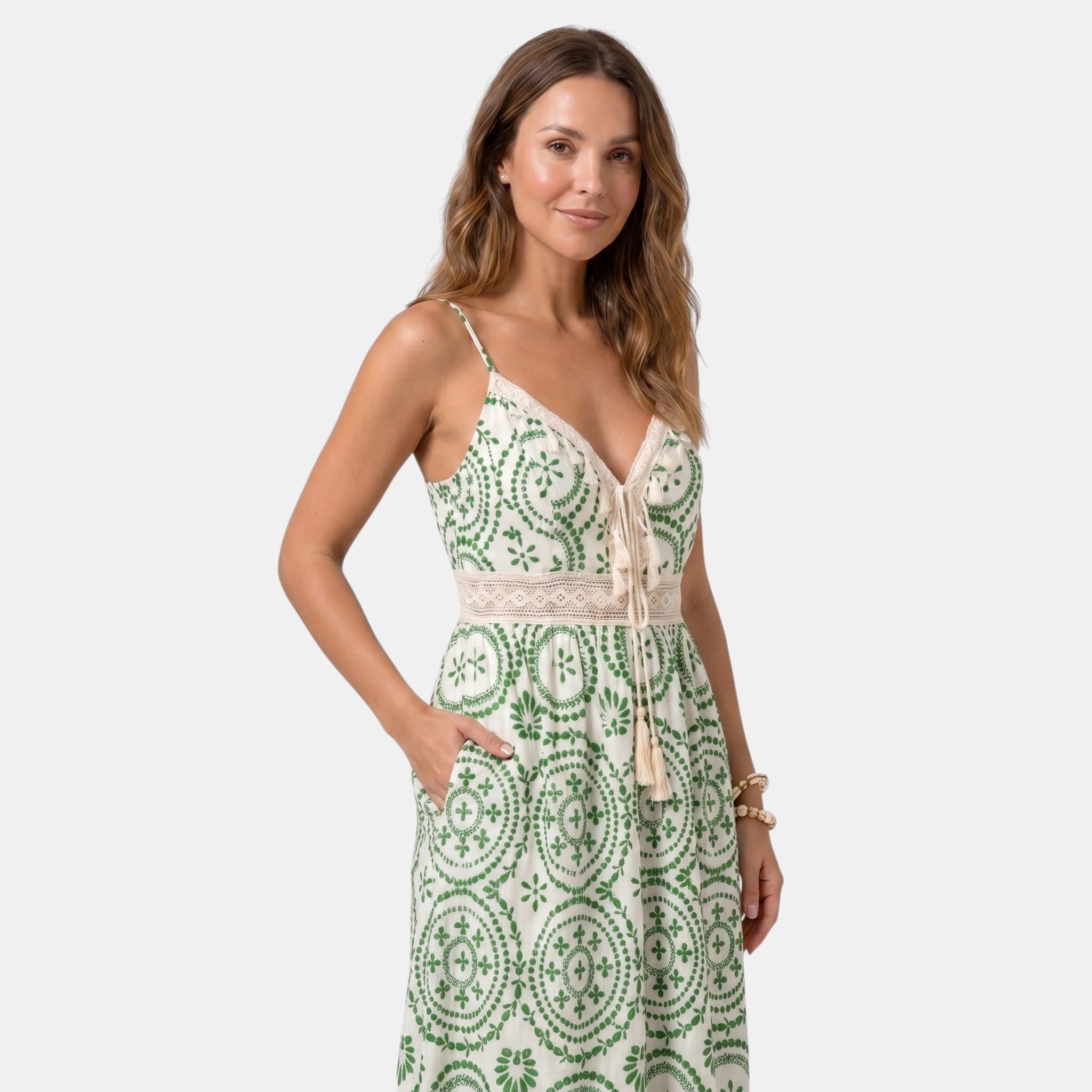 Embroidered Midi Dress with V-Neck and Tie Waist