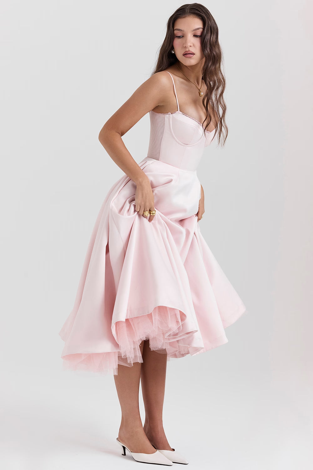Corset Midi Dress with Sweetheart Neckline and Full Skirt