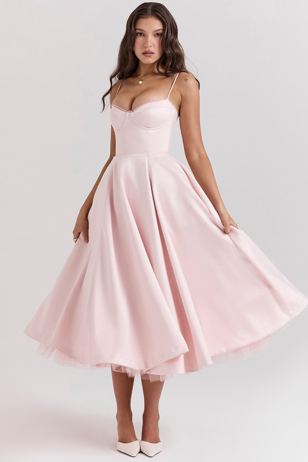 Corset Midi Dress with Sweetheart Neckline and Full Skirt