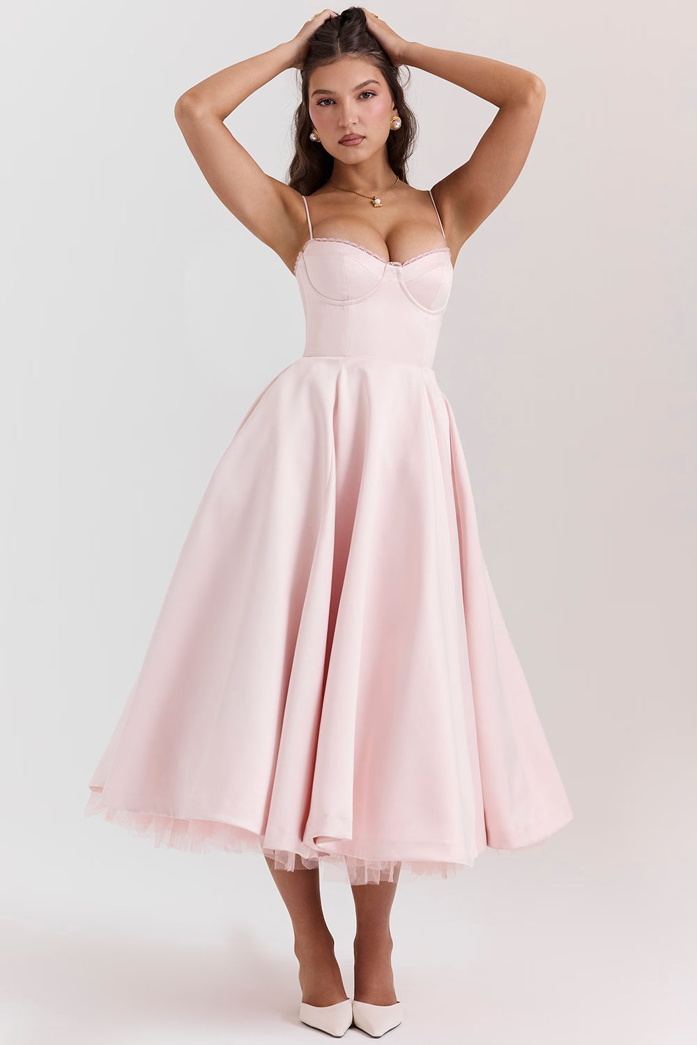 Corset Midi Dress with Sweetheart Neckline and Full Skirt