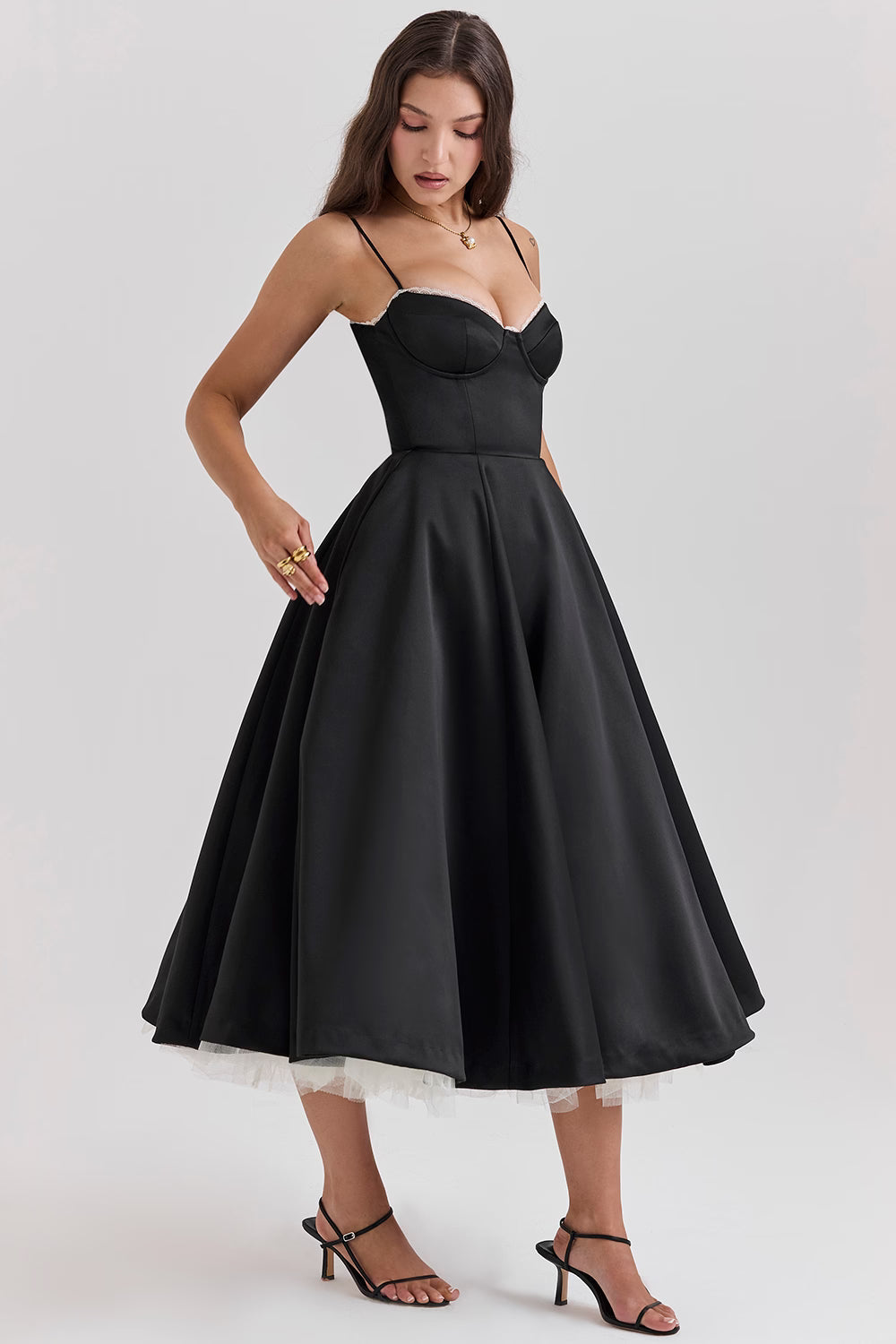 Corset Midi Dress with Sweetheart Neckline and Full Skirt