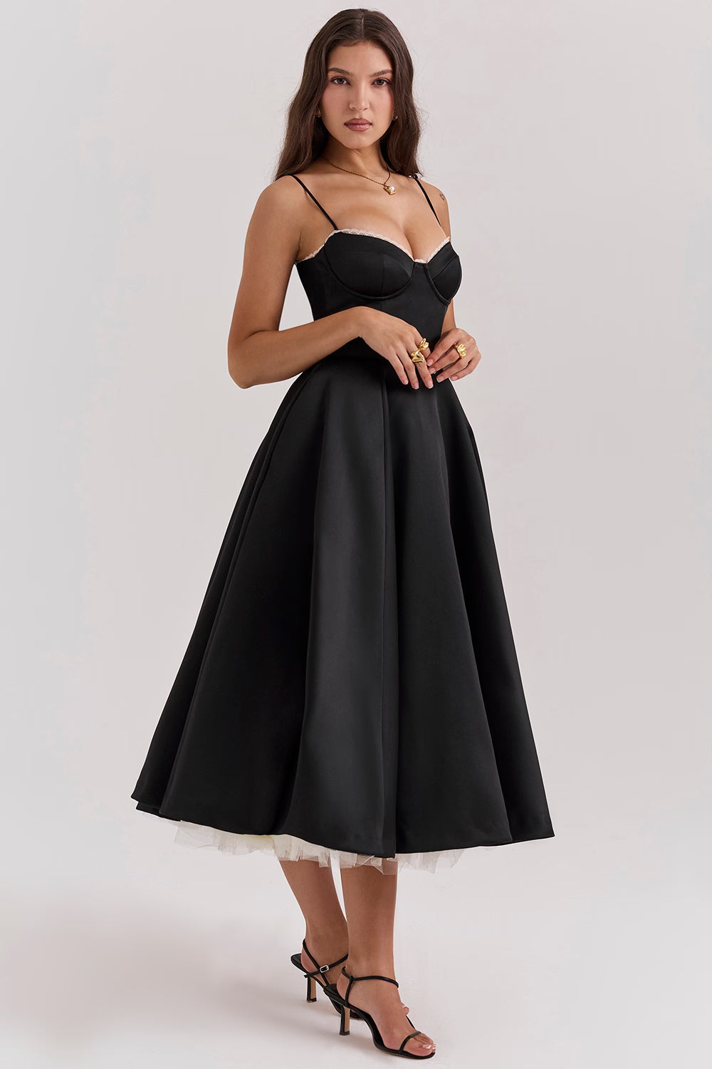 Corset Midi Dress with Sweetheart Neckline and Full Skirt
