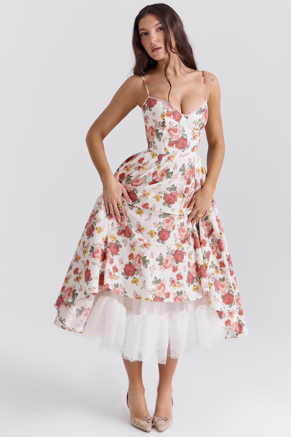 Corset Midi Dress with Sweetheart Neckline and Full Skirt
