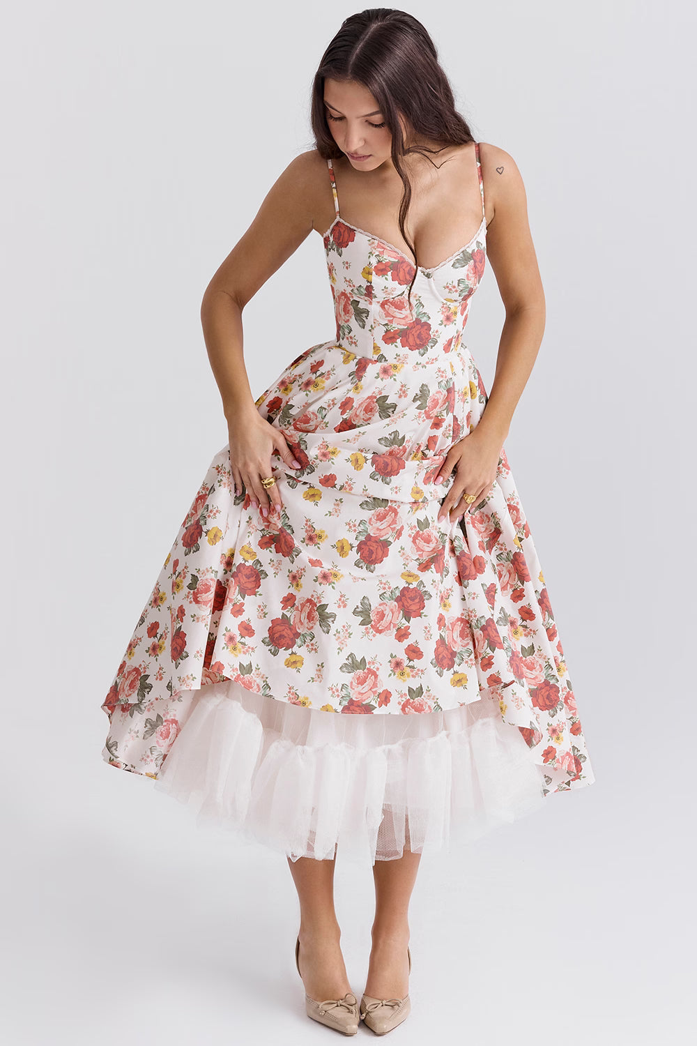 Corset Midi Dress with Sweetheart Neckline and Full Skirt
