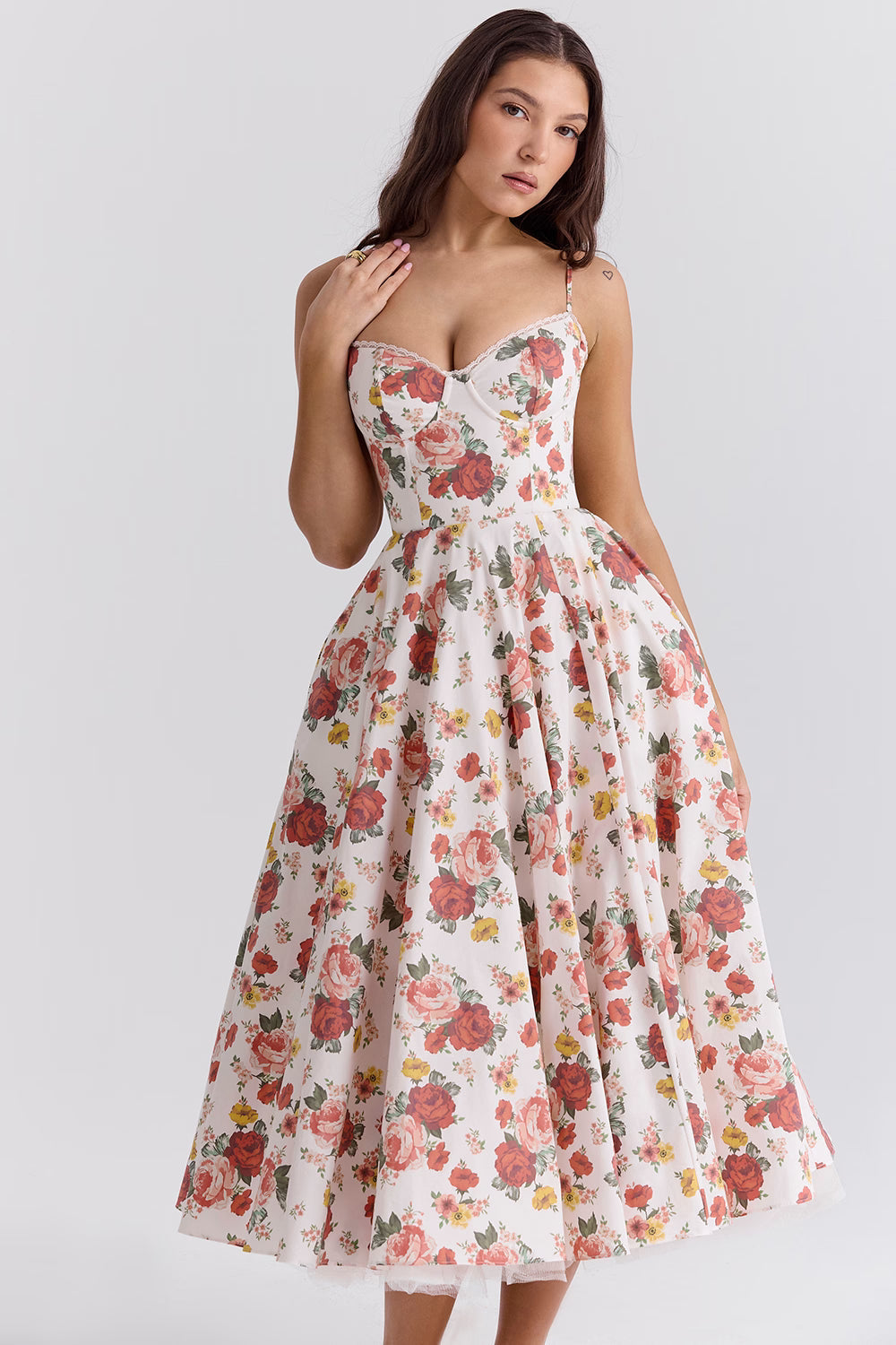 Corset Midi Dress with Sweetheart Neckline and Full Skirt