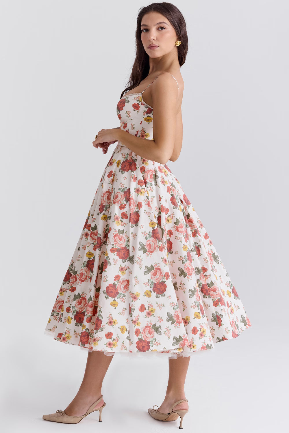 Corset Midi Dress with Sweetheart Neckline and Full Skirt