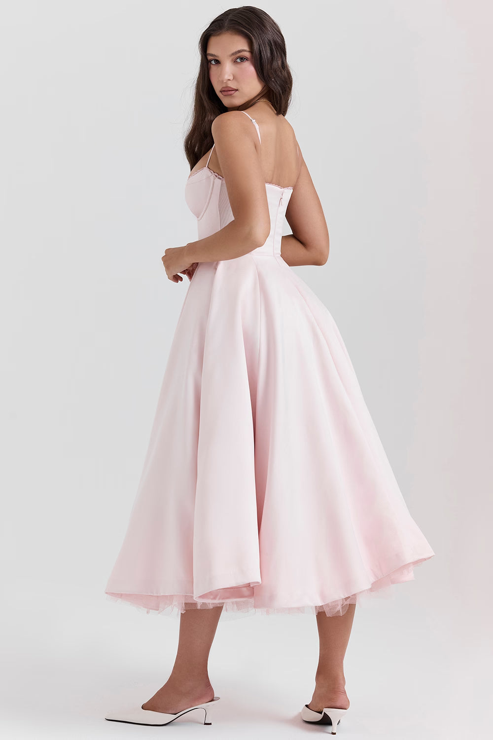 Corset Midi Dress with Sweetheart Neckline and Full Skirt