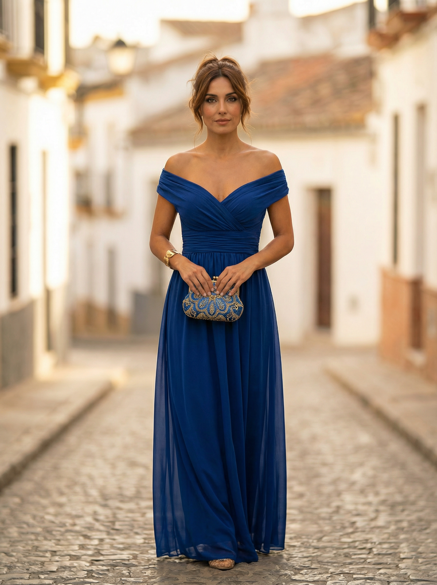 Women's Off-Shoulder Maxi Evening Dress with Tie Waist