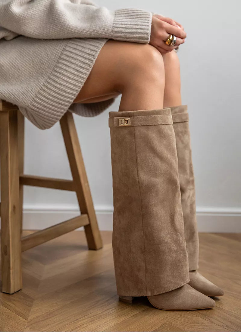 Bottes compensées montantes jusqu’au genou pour femme, aspect daim