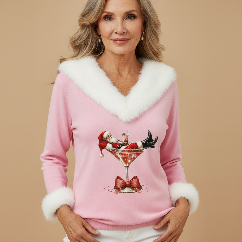 Pull de Noël pour femme avec bordure en fausse fourrure