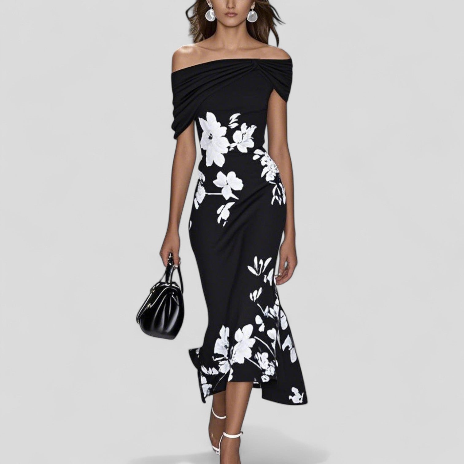 Off-Shoulder Floral Midi Dress with Fitted Bodice