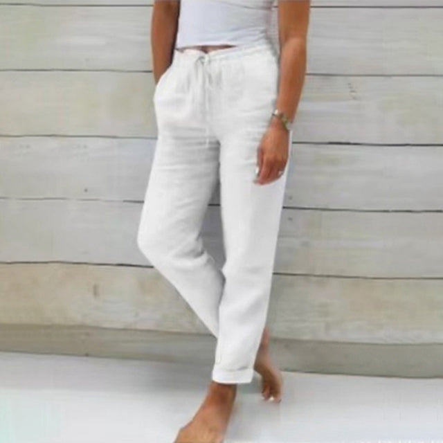 Women's Straight Leg Linen Trousers with Drawstring