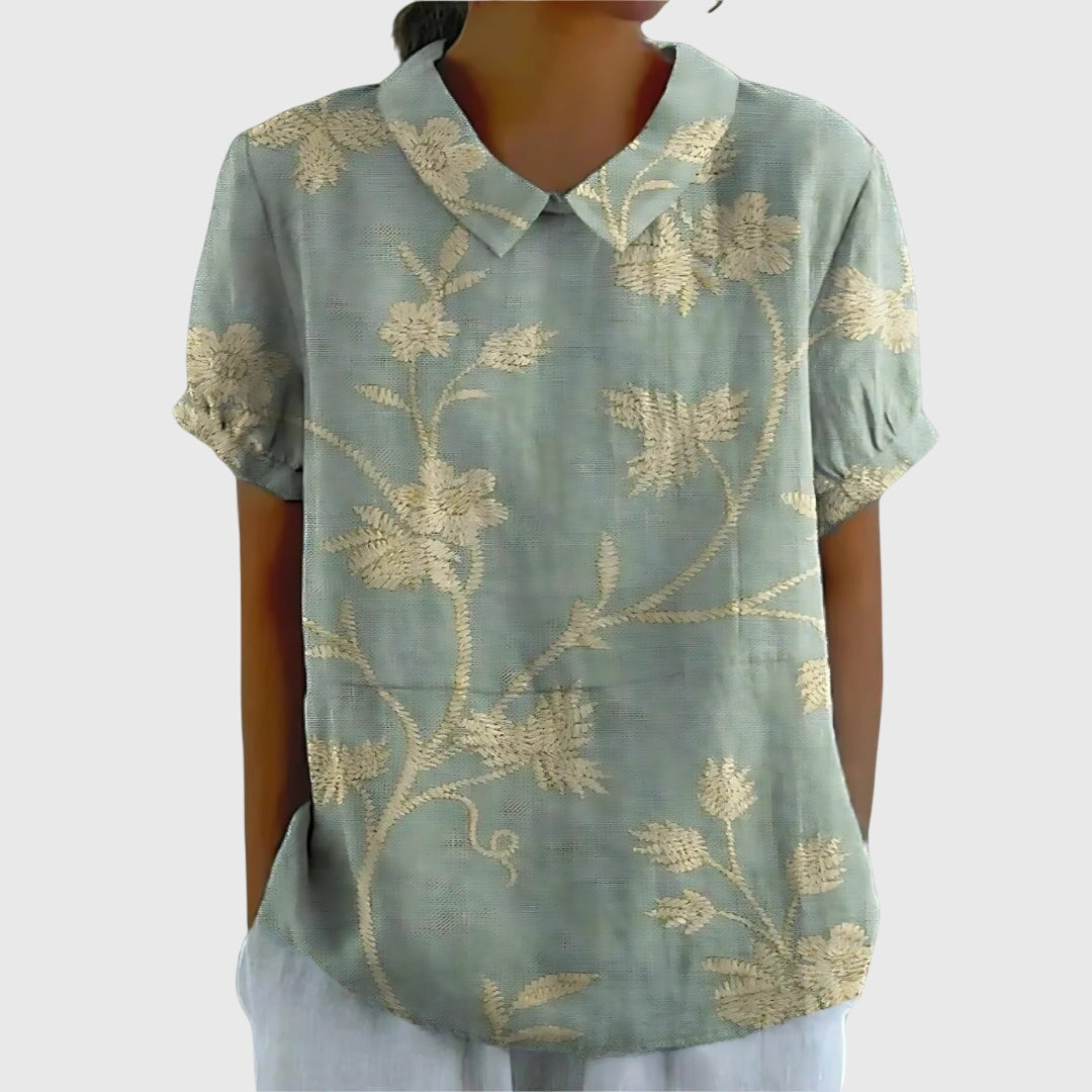 Floral Print Blouse with Collar and Short Sleeves