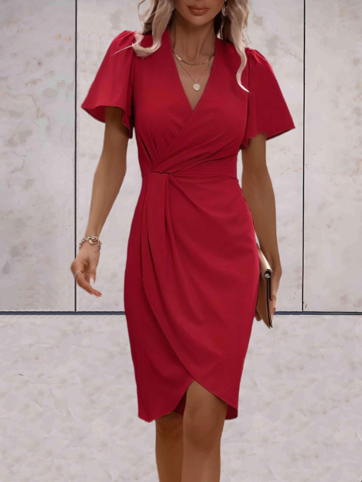 Women's Wrap Midi Dress with Puff Sleeves