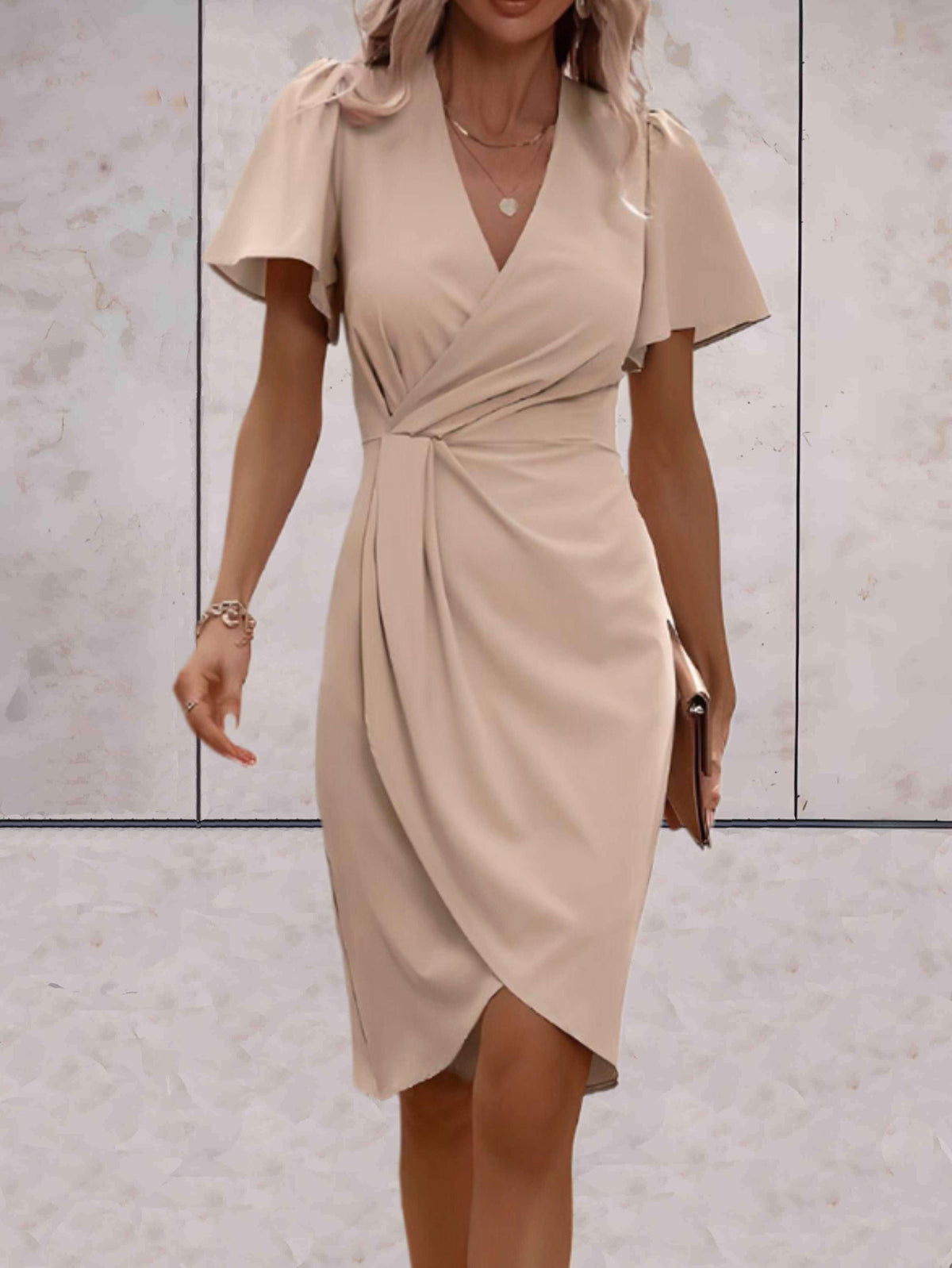 Women's Wrap Midi Dress with Puff Sleeves