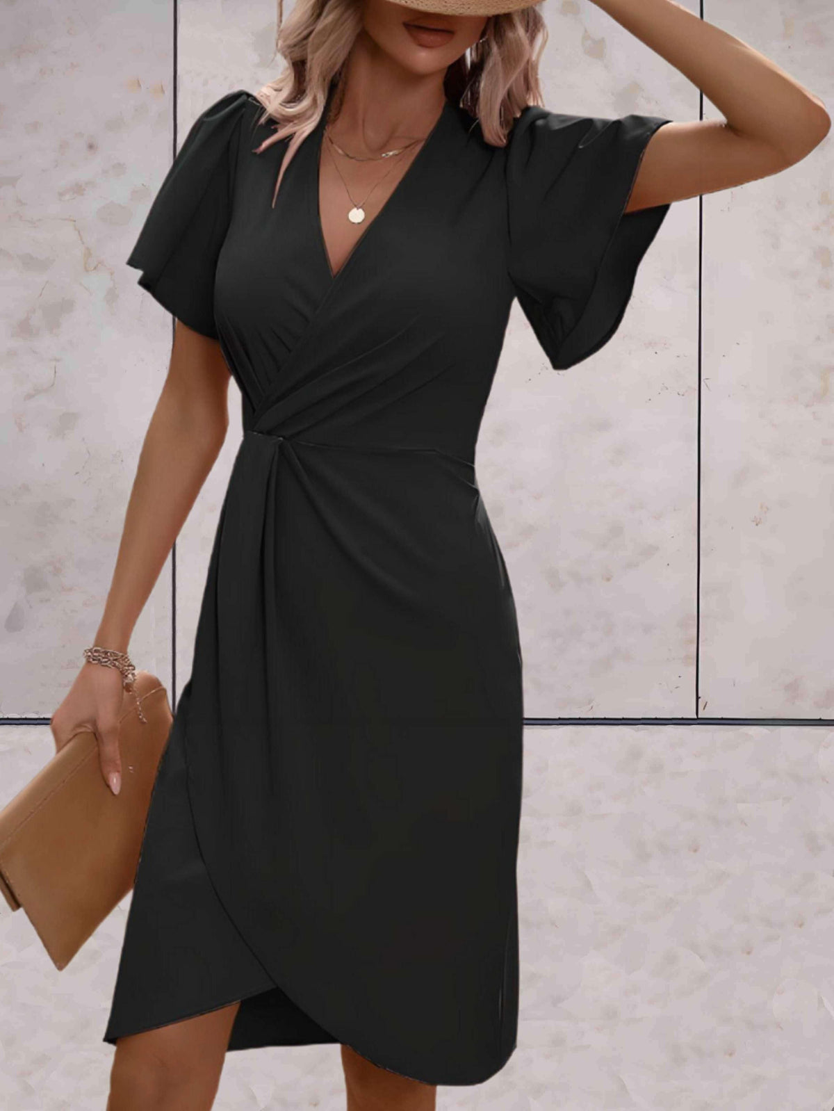 Women's Wrap Midi Dress with Puff Sleeves