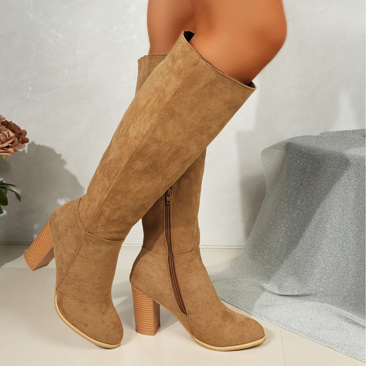 Women’s Knee-High Suede-Look Boots with Block Heel