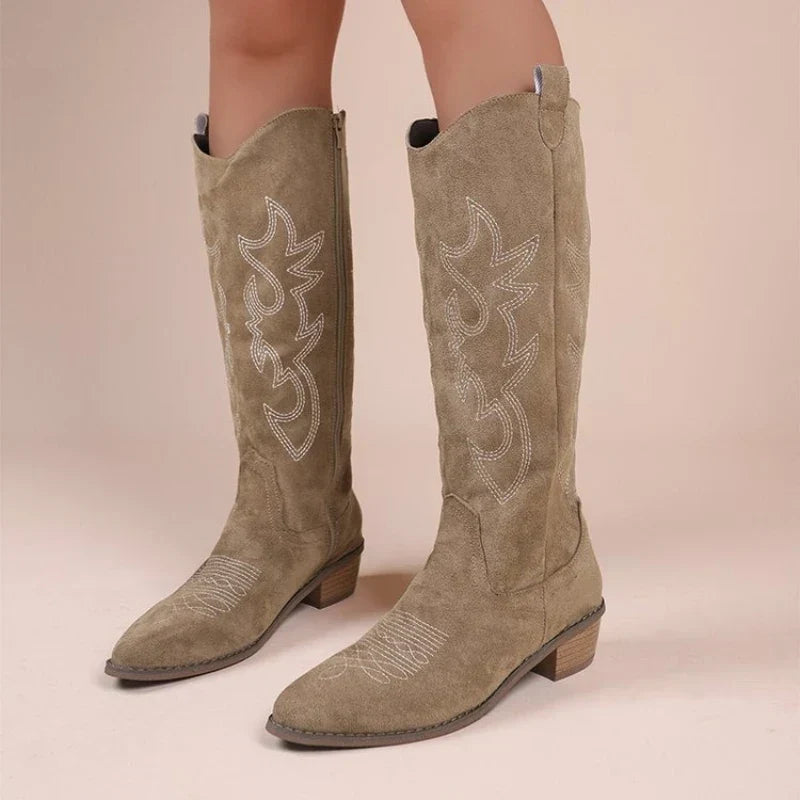 Women’s Knee-High Western Cowboy Boots with Embroidery