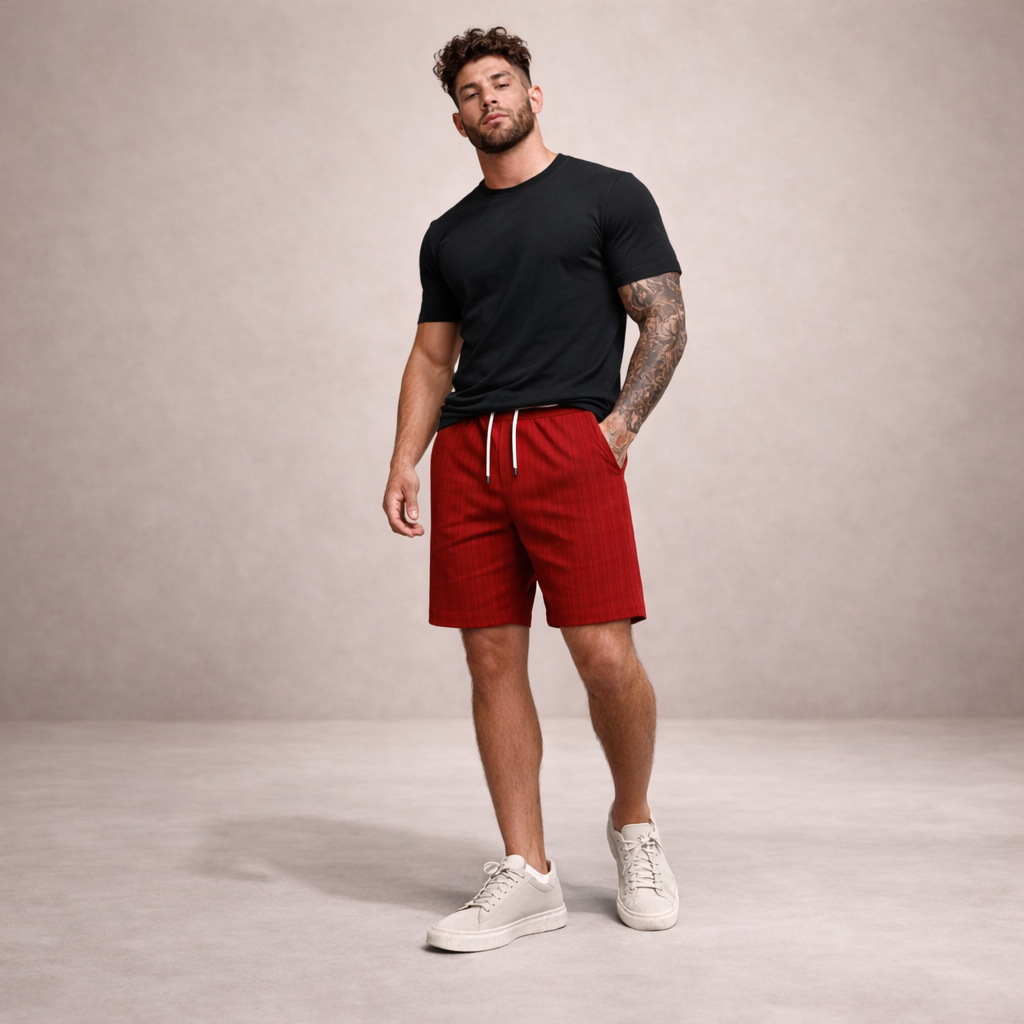 Linen-Blend Drawstring Shorts with Striped Texture