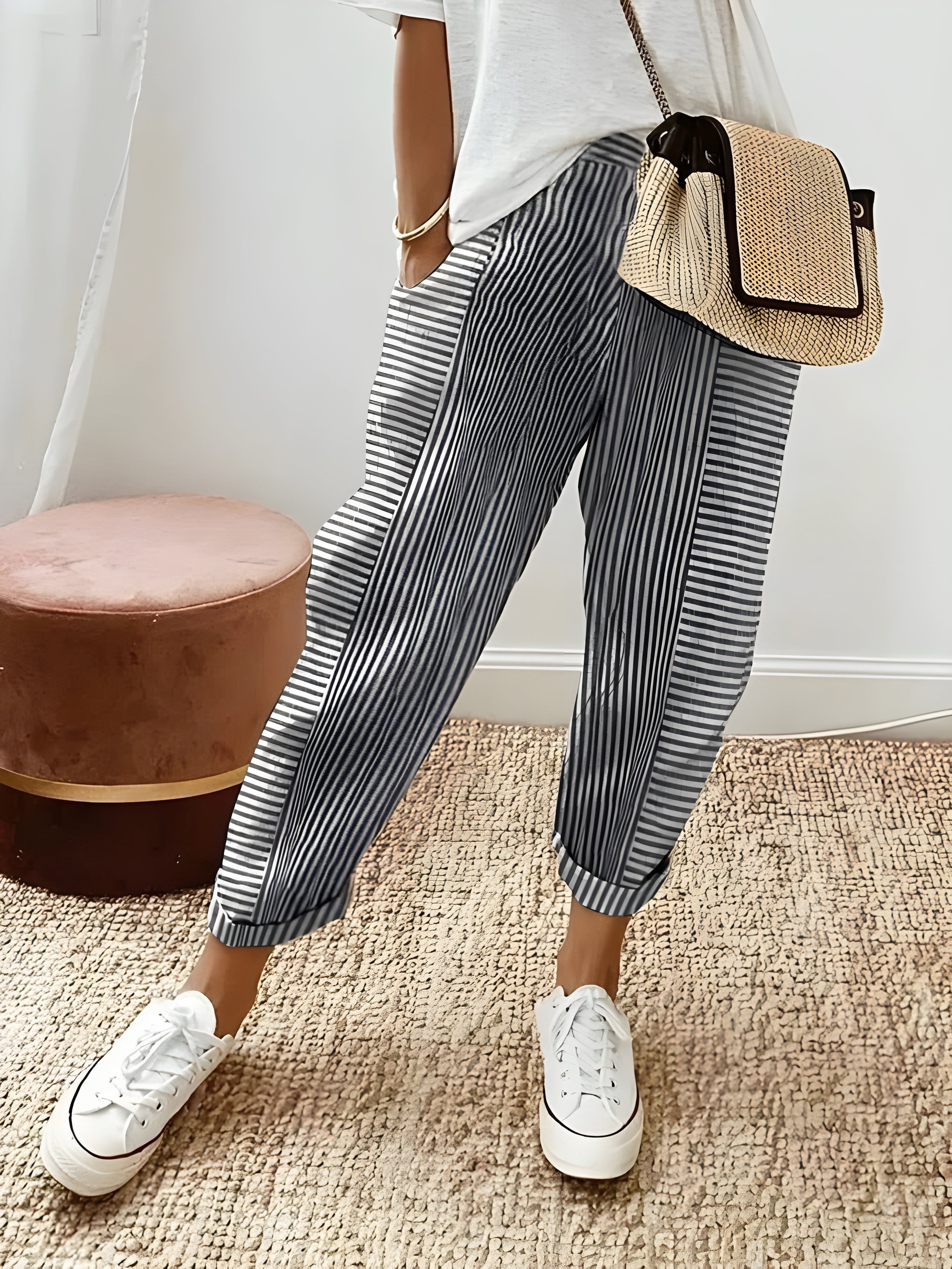Striped Trousers in Cotton with Elastic Waist