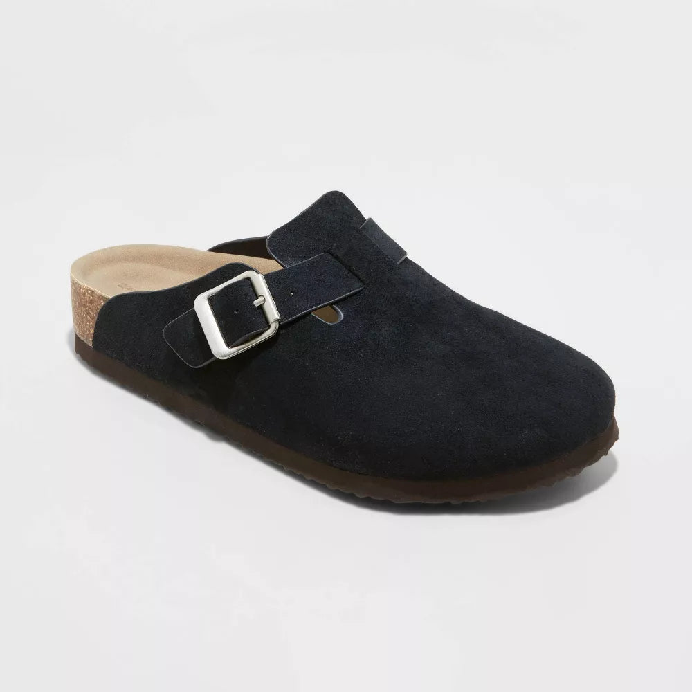 Suede Clogs with Buckle Strap and Cork Sole