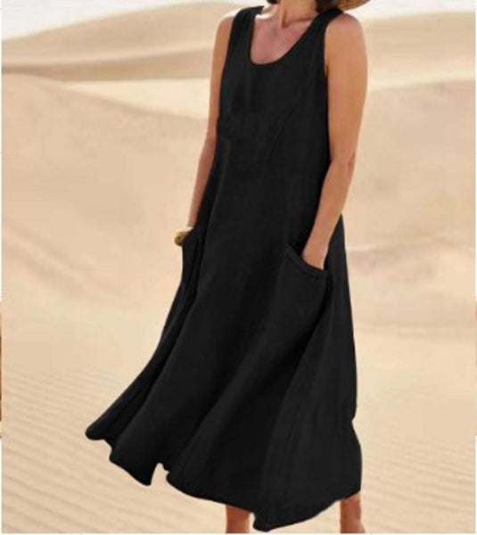 Sleeveless Midi Dress with Side Pockets and A-Line Fit