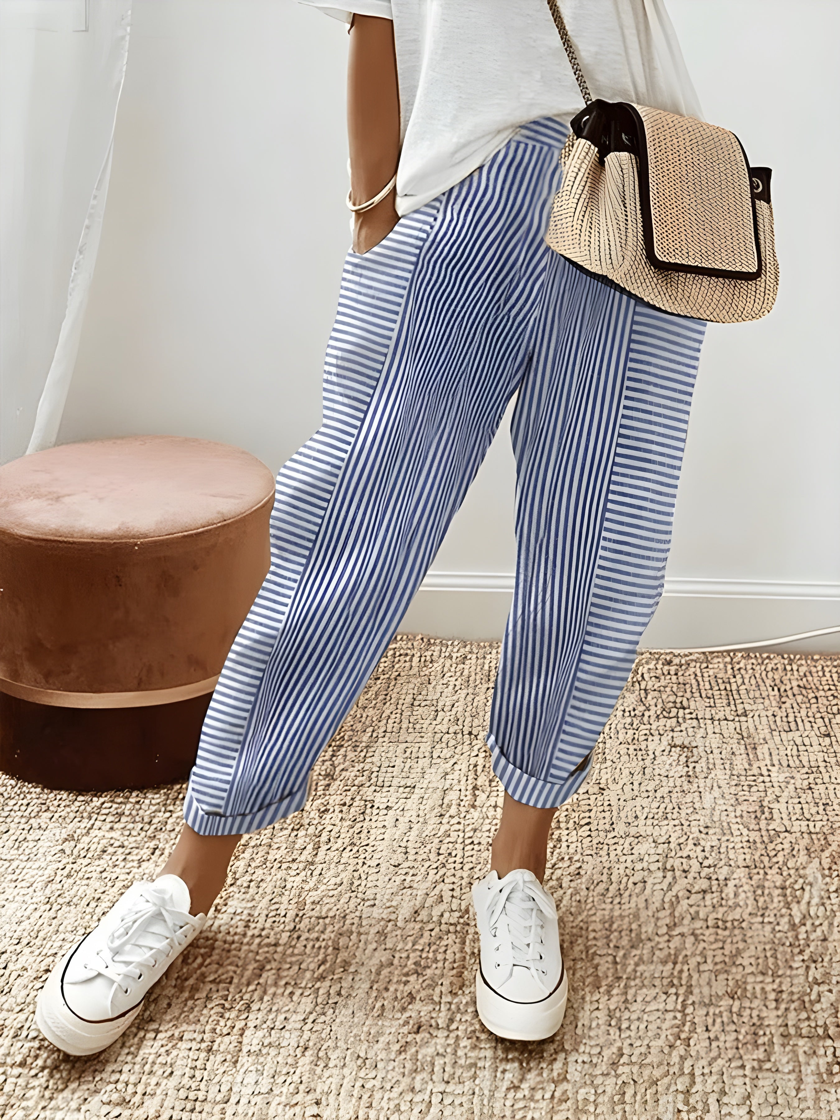 Striped Trousers in Cotton with Elastic Waist