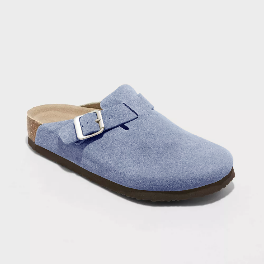 Suede Clogs with Buckle Strap and Cork Sole