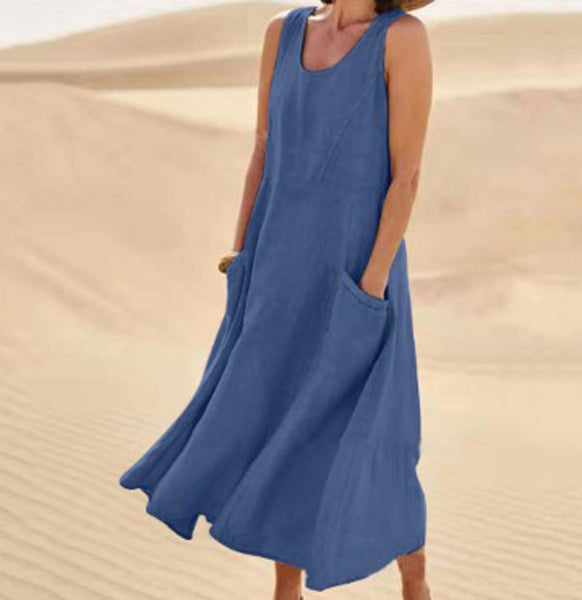 Sleeveless Midi Dress with Side Pockets and A-Line Fit