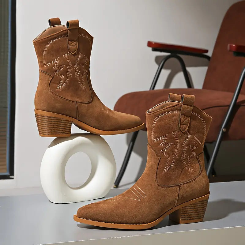 Women's Brown Western Ankle Boots | Block Heel Embroidered