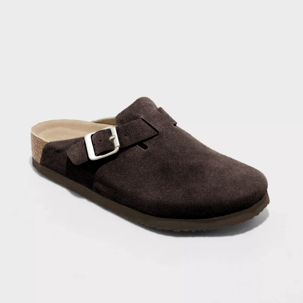 Suede Clogs with Buckle Strap and Cork Sole