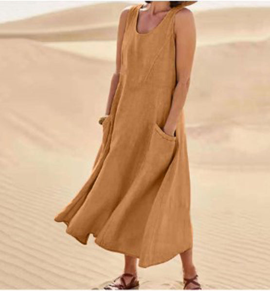Sleeveless Midi Dress with Side Pockets and A-Line Fit