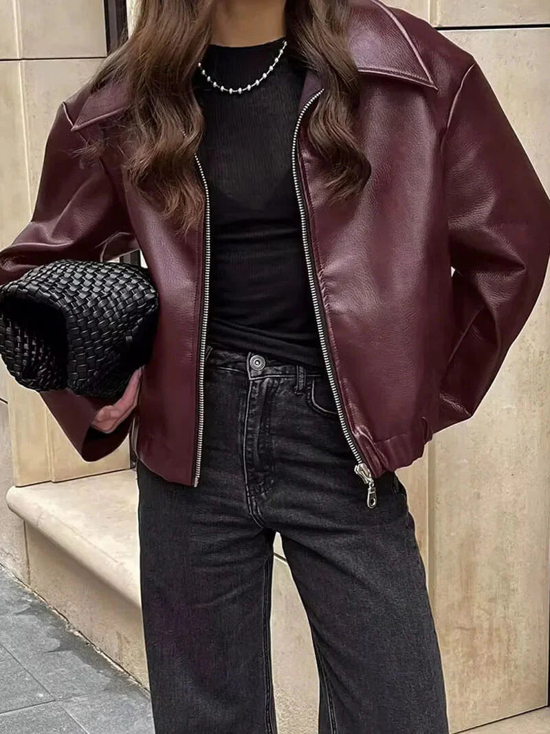 Veste bomber femme en similicuir avec fermeture zippée sur le devant