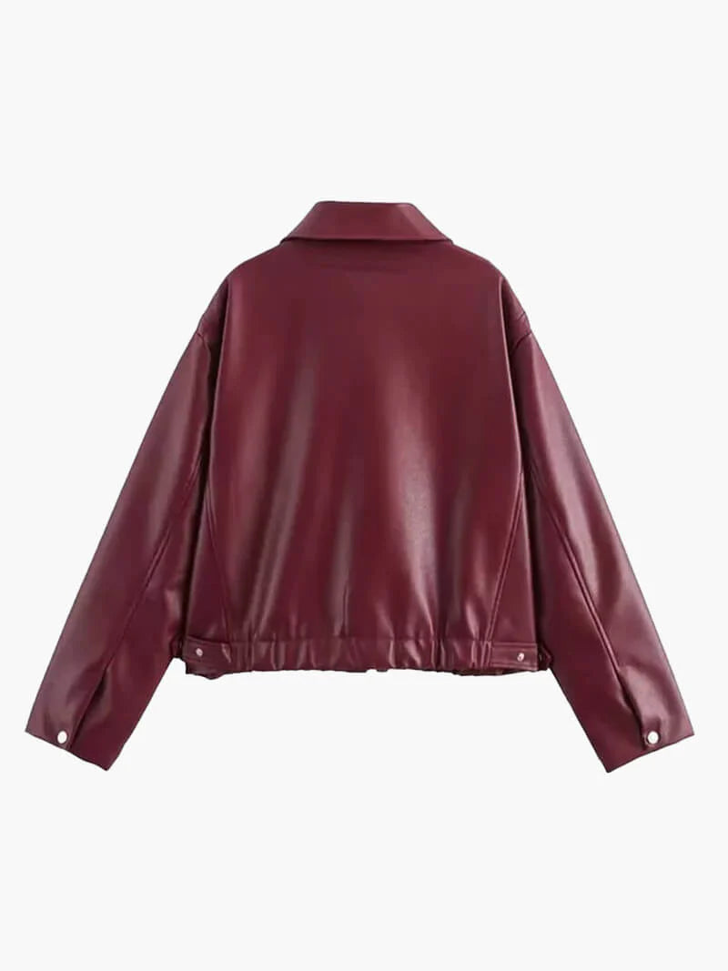 Women’s Faux Leather Bomber Jacket with Zip Front