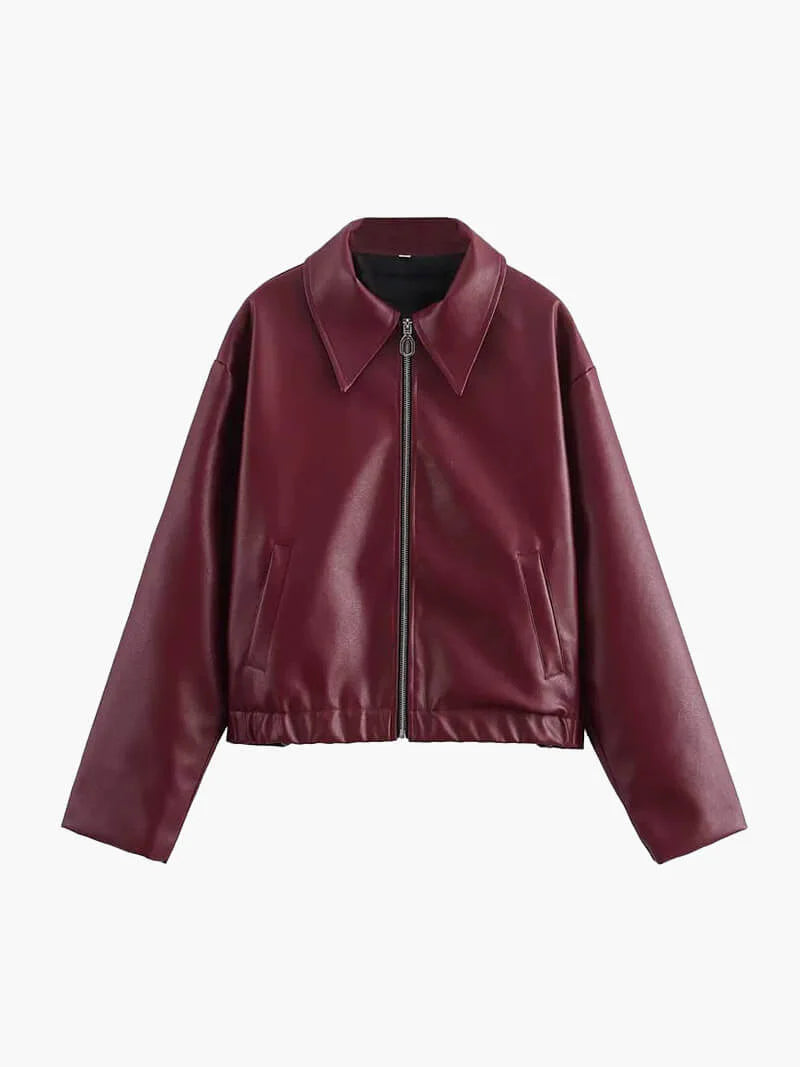 Women’s Faux Leather Bomber Jacket with Zip Front
