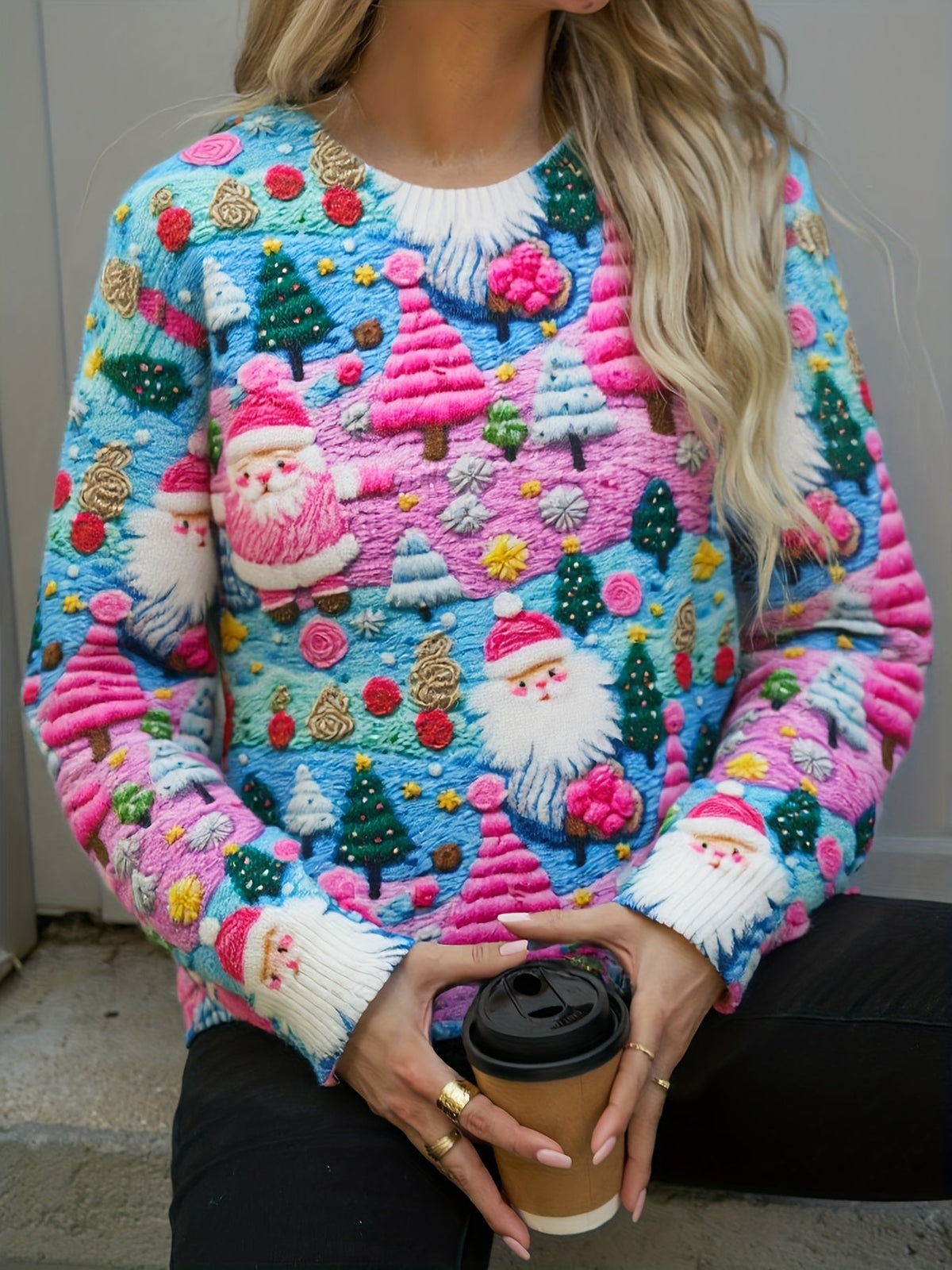 Pull de Noël oversize pour femme | Pull en maille imprimé Père Noël