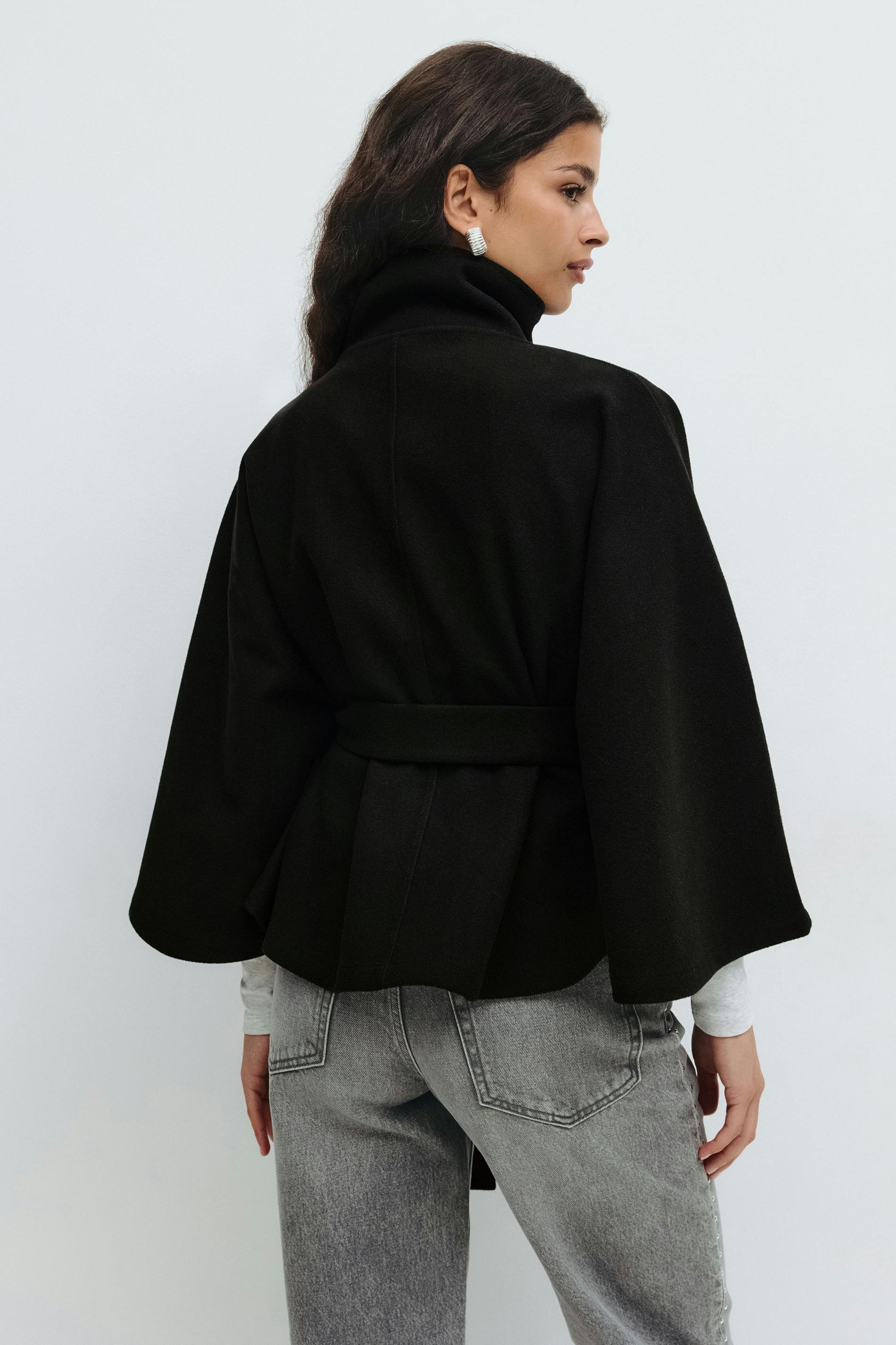 Women's Belted Cape Jacket with High Collar