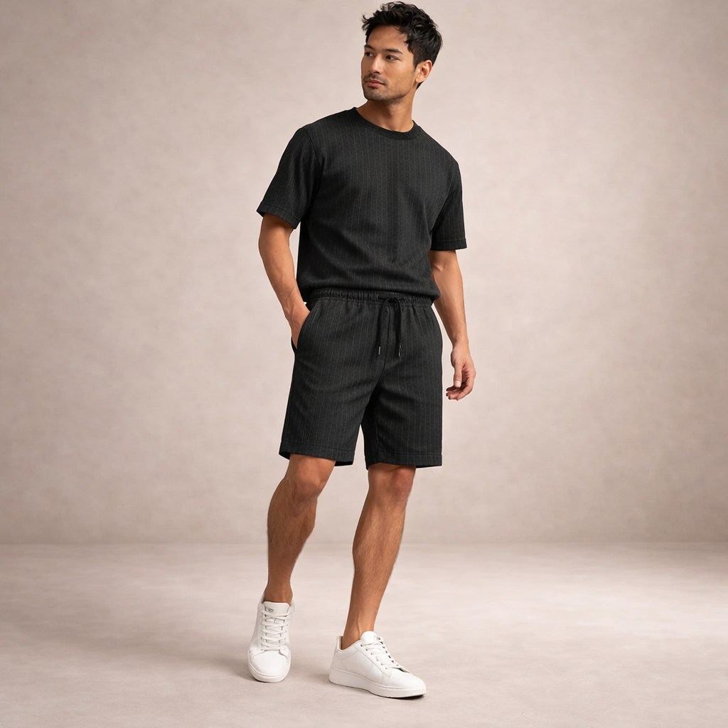 Linen-Blend Drawstring Shorts with Striped Texture