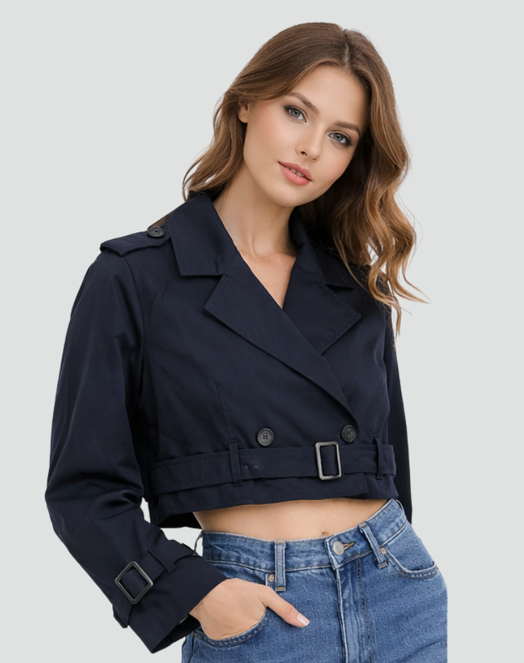 Women's Cropped Double-Breasted Trench Jacket with Belt