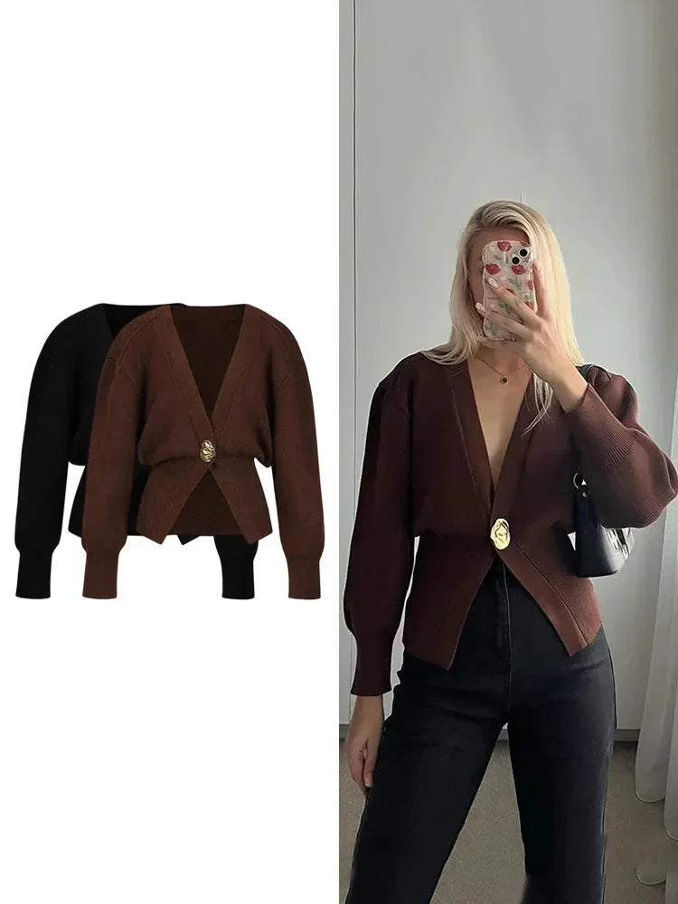 Cardigan en maille pour femme à col en V et bouton unique