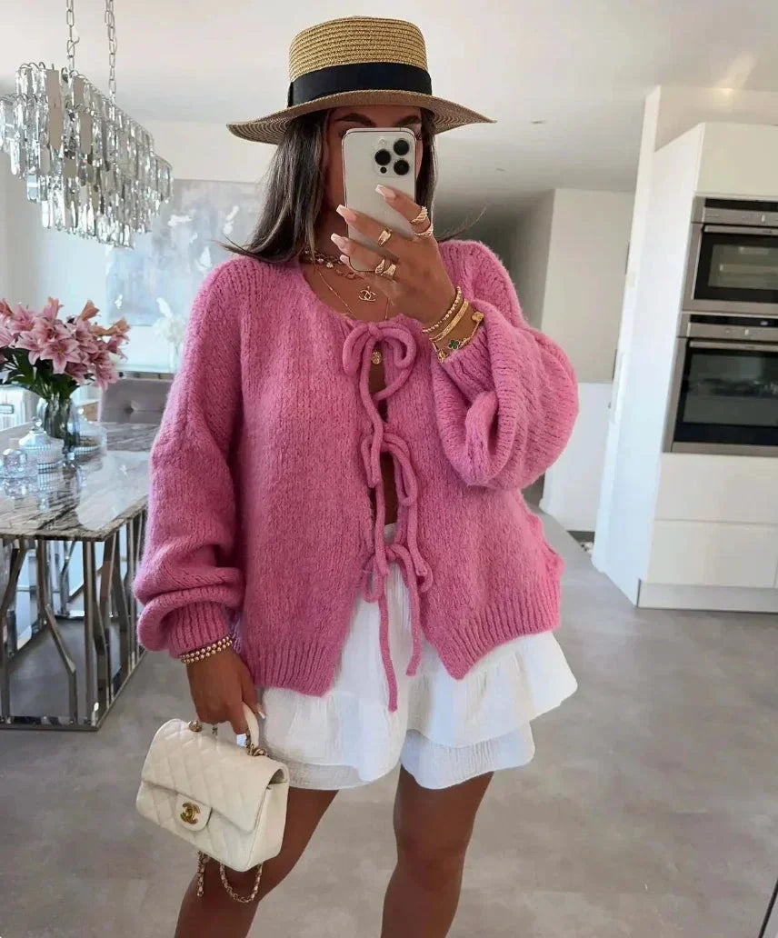 Cardigan décontracté en maille pour femme, à nouer sur le devant