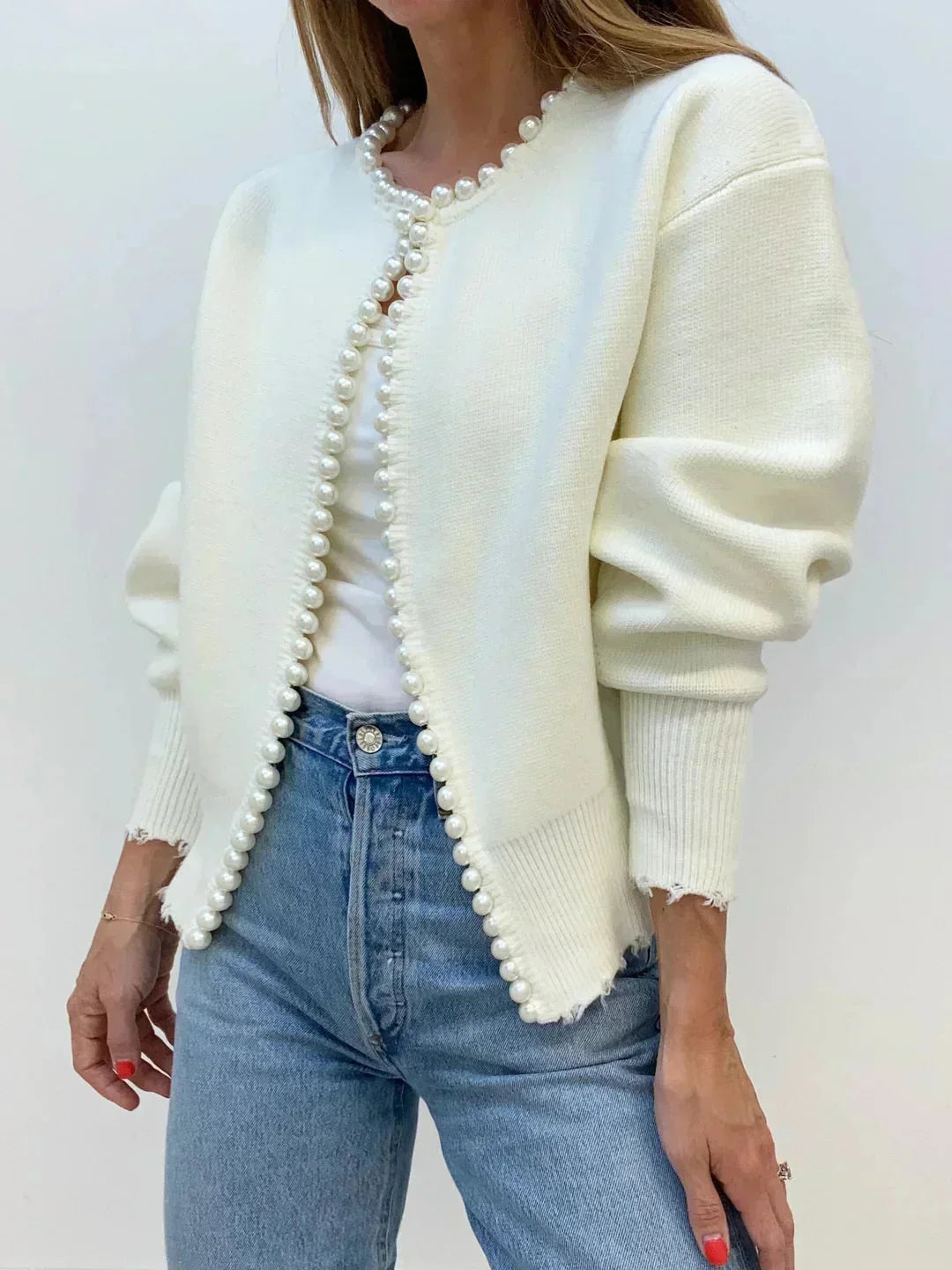 Gilet en maille ouvert à l’avant pour femme, orné de perles