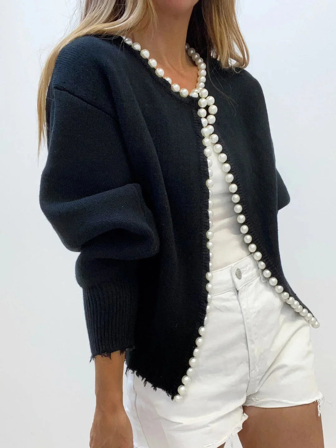 Women’s Pearl Trim Open Front Knit Cardigan