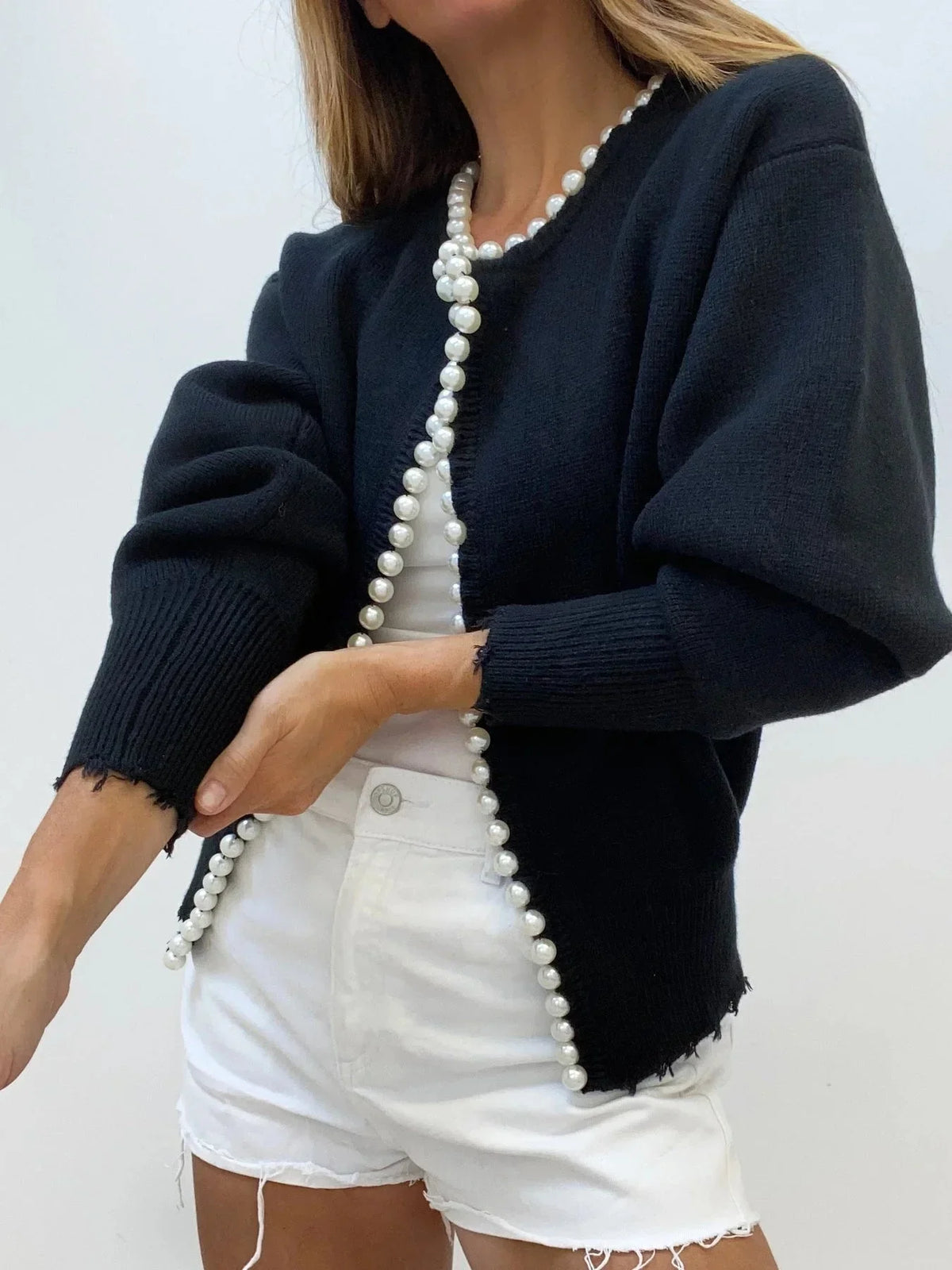 Women’s Pearl Trim Open Front Knit Cardigan