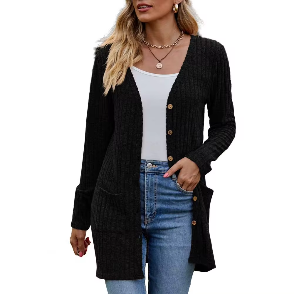 Cardigan boutonné côtelé long pour femme